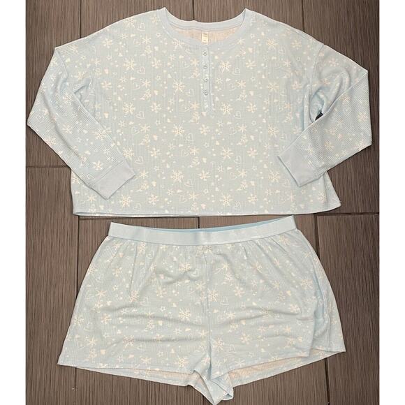 Arizona Body Juniors Waffle Long Sleeve 2pc Shorts Pajama Set Blue Heart XXL NWT - Picture 1 of 10